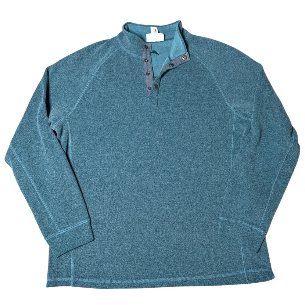 Tommy Bahama Reversible Quarter Snap Pullover Mens Large Teal Blue Mock Neck L/G
